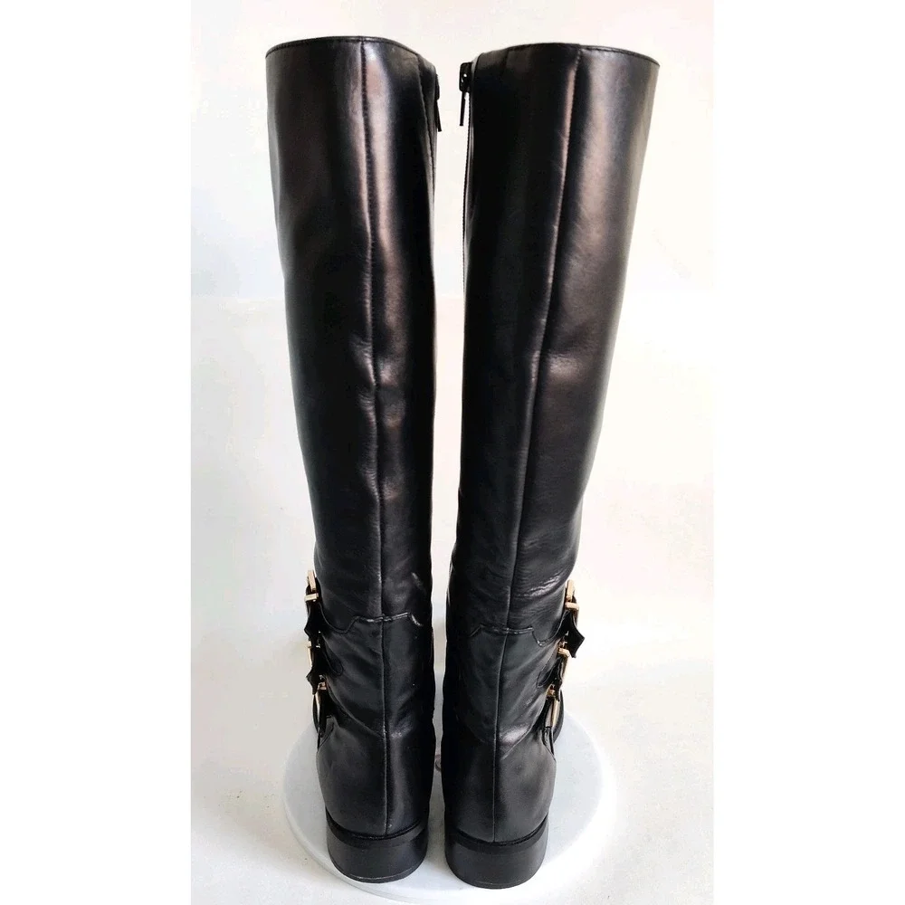 Inc Knee High Riding Boots Size‎ 8.5 Francy Black Wide Calf Leather Gold Buckles